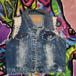 Women's Denim Vest with Lace Accents